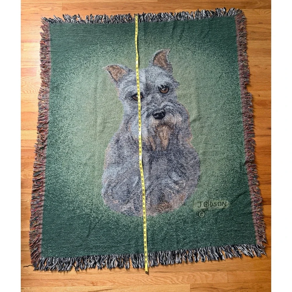 Vintage J Gibson Woven Tapestry Throw Blanket Schnauzer Dog Green Fringed 52x60